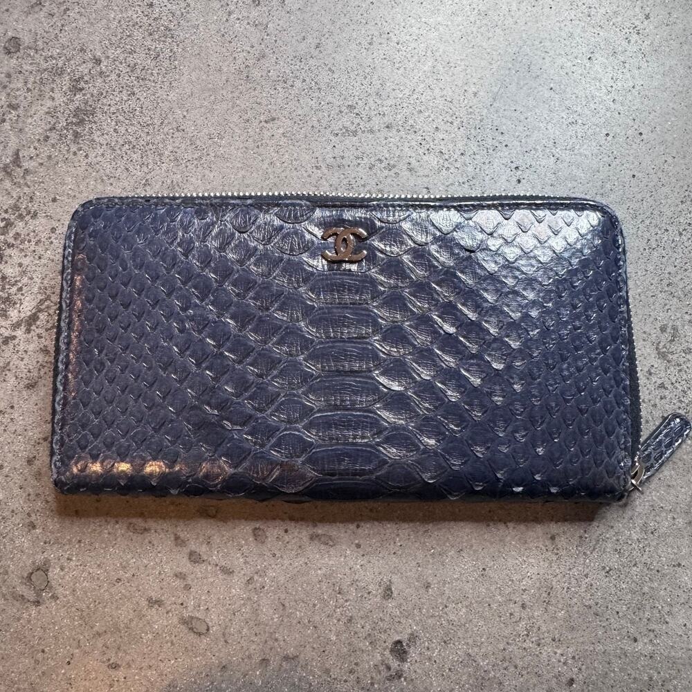 Chanel Blue Exotic Python Leather Wallet Navy Zippy Luxury‎ Designer SHW